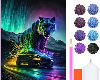 Kit de peinture diamant Panther Super Car - Ensemble de diamants bricolage 5D avec accessoires - Pour enfants et adultes - 40 x 30 cm - 16 x 12 pouces - Voiture de course