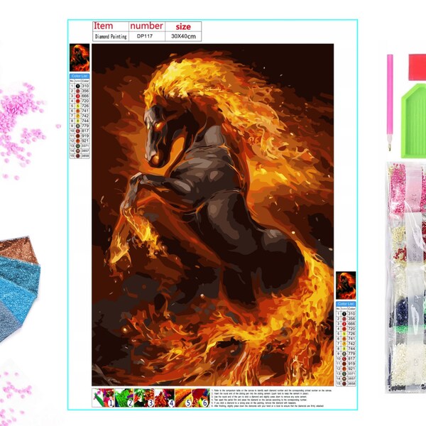 Kit de peinture au diamant - Flaming Mustang - Ensemble de diamants 5D DIY avec accessoires - Pour enfants et adultes - 40x30 cm - 16x12 pouces - Cheval noir