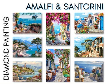 Kits de peinture diamant Amalfi et Santorin - Ensemble diamant 5D DIY avec accessoires - Pour enfants et adultes - 40 x 30 cm - 16 x 12 po - Italie Grèce