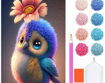 Kit de peinture diamant Flower Birdy - Parure de diamants bricolage 5D avec accessoires - Pour enfants et adultes - 40 x 30 cm - 16 x 12 pouces - Oiseau violet