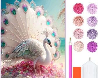 Diamond Painting Kit Peacock Princess - 5D DIY Diamond Set with Accessories - For Kids and Adults - 40x30 cm - 16x12 inch - White Peacock