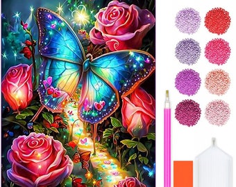 Diamond Painting Kit Flower Butterfly - 5D DIY Diamond Set with Accessories - For Kids and Adults - 40x30 cm - 16x12 inch - Red Roses