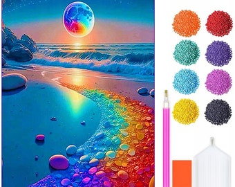 Kit de peinture diamant Plage galactique - Parure de diamants bricolage 5D avec accessoires - Pour enfants et adultes - 40 x 30 cm - 16 x 12 pouces - Plage de pleine lune