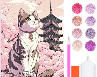 Diamond Painting Kit Sakura Cat - 5D DIY Diamond Set with Accessories - For Kids and Adults - 40x30 cm - 16x12 inch - Cat in Japan