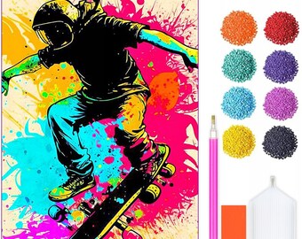 Kit de peinture diamant Graffiti Skater - Ensemble de diamants bricolage 5D avec accessoires - Pour enfants et adultes - 40 x 30 cm - 16 x 12 pouces - Skateboard