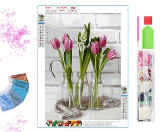 Diamond Painting Kit - Tulip Bouquet - 5D DIY Diamond Set with Accessories - For Kids and Adults - 40x30 cm - 16x12 inch - Pink Tulips