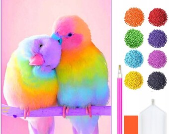 Diamond Painting Kit Rainbow Love Birds - 5D DIY Diamond Set with Accessories - For Kids and Adults - 40x30 cm - 16x12 inch - Parrots