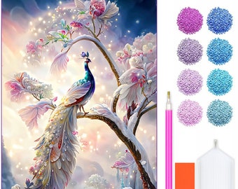 Diamond Painting Kit Beautiful Peacock - 5D DIY Diamond Set with Accessories - For Kids and Adults - 40x30 cm - 16x12 inch - White Peacock