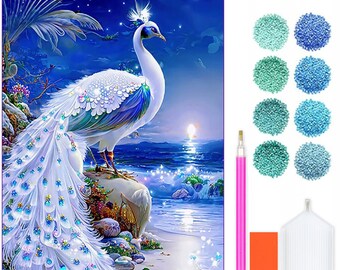 Diamond Painting Kit Beautiful Peacock - 5D DIY Diamond Set with Accessories - For Kids and Adults - 40x30 cm - 16x12 inch - Blue White