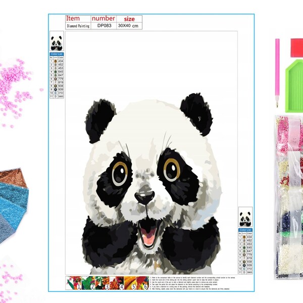 Kit de peinture au diamant - Panda heureux - Ensemble de diamants 5D DIY avec accessoires - Pour enfants et adultes - 40x30 cm - 16x12 pouces