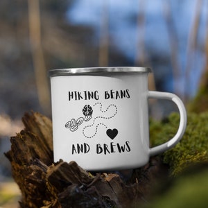 Tasse de camping en émail, motif grains de café et bières de randonnée, tasse d'extérieur, tasse pour campeurs, tasse de camping durable