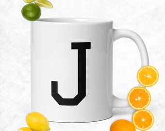 Personalized Monogram Letter J Mug, Initial Mug, White Glossy Gift Mug
