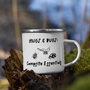 Camping Enamel Mug, "Mugs & Bugs: Campsite Essentials" Design, Outdoor Mug, Mug For Campers, Durable Camping Mug