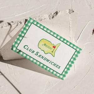 Cartões de lugar de golfe Masters editáveis para impressão, cartão de buffet de golfe, etiquetas para almoço de golfe, cartão de barraca de comida, par-tee de aniversário, modelo Canva 3,5x2