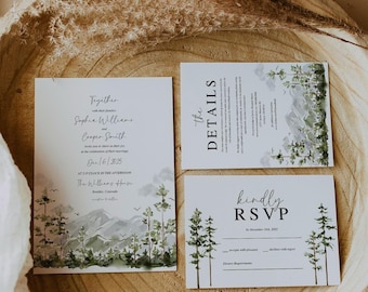 Evergreen Forest Wedding Invitation Suite Template Editable, Pine Tree Wedding Invite, Details Card, RSVP Card, Woodsy Mountain Stationery