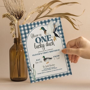 One Lucky Duck First Birthday Invitation Template, 1st Birthday Party, Lucky Duck Birthday Invite, Navy Gingham, Editable Canva Template