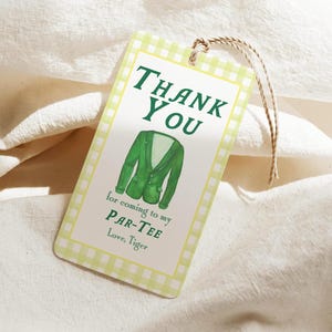 Plantilla editable de etiqueta de regalo de chaqueta verde, etiqueta de regalo de cumpleaños de golf, etiqueta de regalo de par-tee, etiqueta de regalo, cuadros vichy, primer año de maestría, Canva