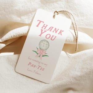 Plantilla editable de etiqueta de regalo con pelota de golf rosa, etiqueta de regalo de cumpleaños para niña golfista, etiqueta de regalo Par-Tee, etiqueta de regalo, imprimible, fiesta de golf, Canva
