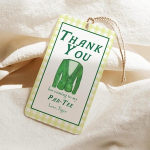 Plantilla editable de etiqueta de regalo de chaqueta verde, etiqueta de regalo de cumpleaños de golf, etiqueta de regalo de par-tee, etiqueta de regalo, cuadros vichy, primer año de maestría, Canva