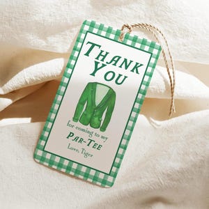 Plantilla editable de etiqueta de regalo de chaqueta verde, etiqueta de regalo de cumpleaños de golf, etiqueta de regalo de par-tee, etiqueta de regalo, cuadros vichy, primer año de maestría, Canva
