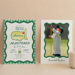 Convite fotográfico para o primeiro aniversário do Masters Golf | Tema para festa de golfe | Convite para cartão fotográfico | Par-Tee de aniversário | Gingham verde | Modelo Canva
