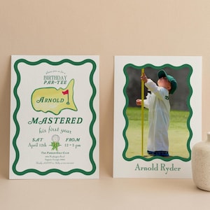 Convite fotográfico para o primeiro aniversário do Masters Golf | Primeiro ano do Mastered | Convite para cartão fotográfico | Par-Tee de aniversário | Hole In One | Modelo Canva
