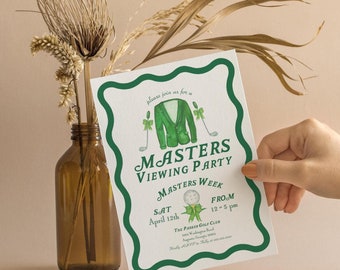 May include: Green and white invitation for a Masters Viewing Party. The invitation features a green golf sweater with a golf ball and clubs. The text reads "Please join us for a Masters Viewing Party, Masters Week, Sat April 12th, From 12-5 pm, The Pebble Golf Club".
