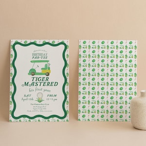 Masters Golf Cart Geburtstagseinladung | Meister Party Thema | Geburtstags-Par-T-Shirt | Sein erstes Jahr gemeistert Einladen | Canva Vorlage