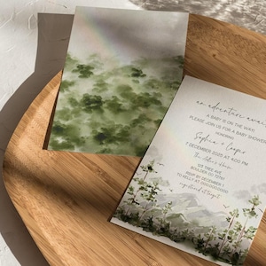 Evergreen Forest Baby Shower Invitation Editable Template | Adventure Awaits Baby Shower Invite | Rustic Woodland Tree Mountains Theme CANVA