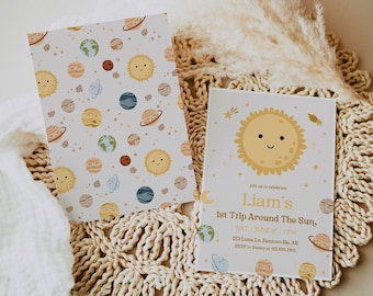 1st Trip Around The Sun Birthday Invitation Template, First Trip Planets Birthday Party Invite, Outer Space, Editable Invite Download CANVA