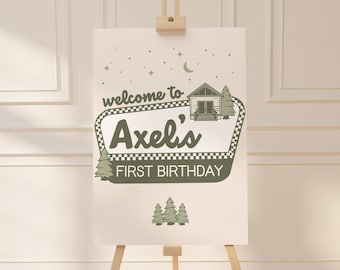 One Happy Camper Welcome Sign Editable Template, Boys National Park Birthday Party, Camping Birthday Theme, Digital Download, CANVA