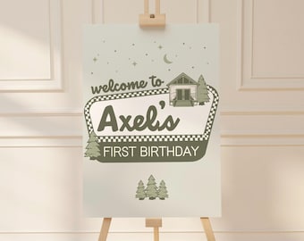 One Happy Camper Welcome Sign Editable Template, Boys National Park Birthday Party, Camping Birthday Theme, Digital Download, CANVA