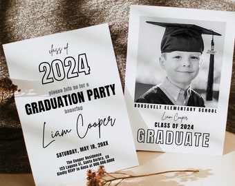 Editable Kindergarten Graduation Invitation Template, Elementary School Graduation, Class of 2024, Modern Graduation Invite for Kids, Canva