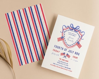 Invitación editable para barbacoa del 4 de julio, fiesta del Día de la Independencia, barbacoa en el jardín, imprimible, descarga digital, plantilla Canva