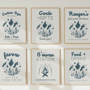 Plantilla de paquete de letreros de gran aventura / Letreros de mesa para primer cumpleaños con temática de bosque / Letrero de recuerdo personalizado / Letrero de tarjetas y obsequios