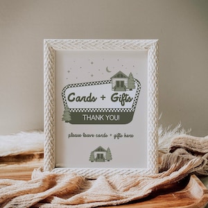 Cartes + cadeaux One Happy Camper, anniversaire sur le thème du camping, signe de faveurs, signe de table, signe modifiable, signe d'anniversaire de garçons, CANVA