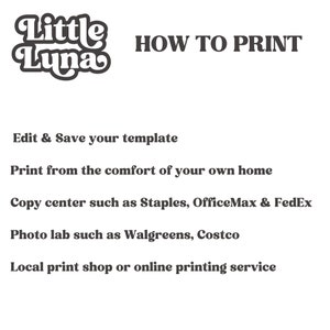 May include: How to print your template. Print from home, copy centre, photo lab, local print shop or online printing service.