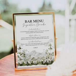 Plantilla de letrero de cóctel de boda con menú de barra de bebidas exclusivas / Letrero de bosque perenne / Letrero de bar de bosque / Letrero editable + imprimible / Canva