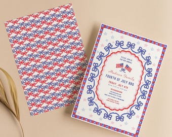 4th of July Invitation Editable, BBQ Party, Independence Day Party Invite, Cookout Invite, Patriotic Bows, Digital Download, Canva Template