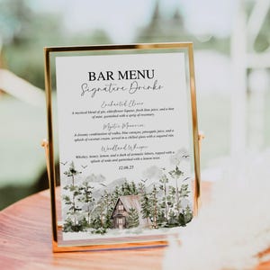 Signature Getränke Bar Menü Hochzeit Cocktail Schild Vorlage | Waldhaus Schild | Woodland Bar Schild | Bearbeitbar + druckbares Zeichen | Leinwand