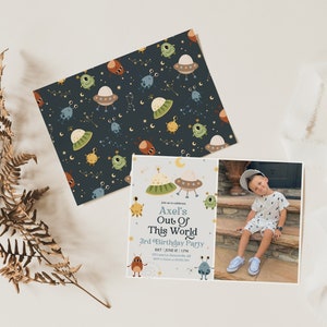 Out Of This World Birthday Photo Invitation Template, Editable Boys Birthday Invite, Alien UFO Outer Space, Digital Download, CANVA
