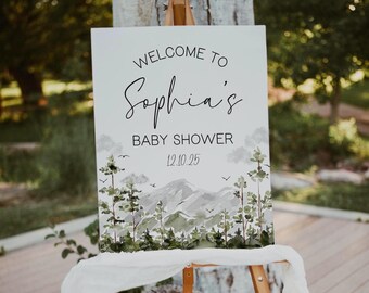 Modèle modifiable de panneau de bienvenue pour baby shower de la forêt à feuilles persistantes | L'aventure vous attend pour une baby shower | Thème Montagnes boisées nature | CANVA