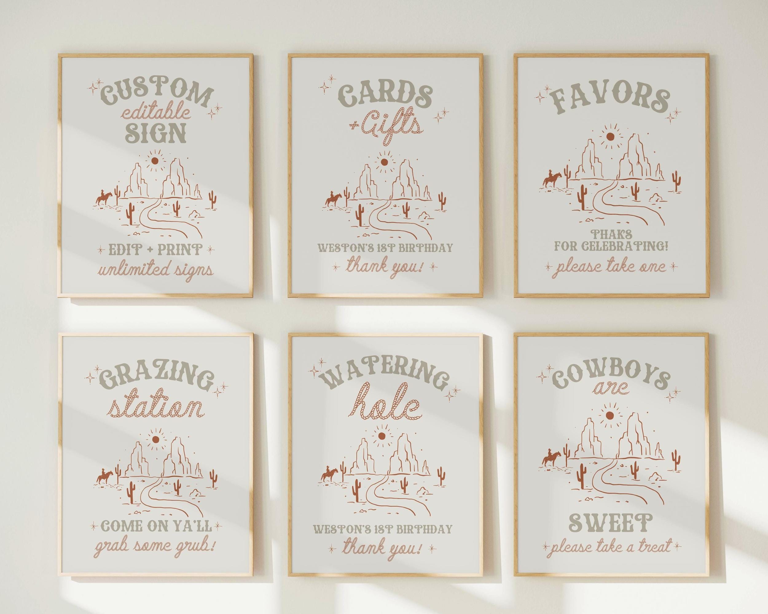 Wildest ONE in the West Sign Bundle Template | Western First Birthday Table Signs | Cowboy Wild West Theme | Custom Favor Cards & Gifts Sign