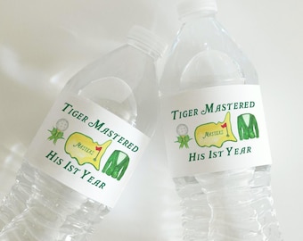 Masters Golf First Birthday Water Bottle Labels, Mastered 1st Year Water Bottle Labels, Masters Party, Editable Label, CANVA Template