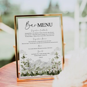 Plantilla para letrero de boda con menú de bar y bebidas / Letrero de bosque de hoja perenne con acuarela / Letrero de bar con bosque / Letrero editable e imprimible / Canva