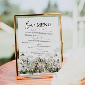 Bar Menü Getränke Schild Hochzeit Vorlage | Immergrüner Wald Cabin Drink Zeichen | Woodland Bar Schild | Thema Berge | Bearbeitbares Zeichen | Leinwand