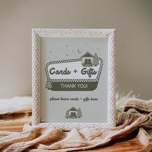 Cartes + cadeaux One Happy Camper, anniversaire sur le thème du camping, signe de faveurs, signe de table, signe modifiable, signe d'anniversaire de garçons, CANVA