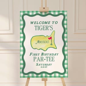 Placa de boas-vindas de aniversário de golfe de primeiro ano | 1º aniversário | Placa de boas-vindas de golfe | Par-Tee de aniversário | Gingham | Modelo Canva