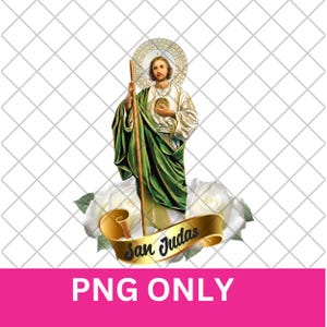 May include: A digital illustration of Saint Jude Thaddeus, a Catholic saint, depicted with a halo, a staff, and a green robe. He is surrounded by white roses and a gold ribbon with the text "San Judas" in black lettering.