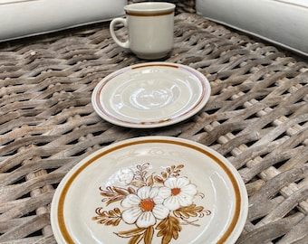 Mountain Wood Stoneware Cup,  Saucer and side plate  | 8 trio sets | 5 duo available | Made in Japan | 1970s  | Dried Flowers